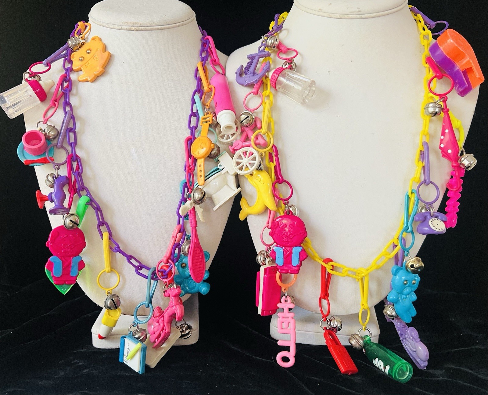 Retro 1980s Plastic Bell Clip On Vintage 80\'s Charm 2 Necklaces with 30 Charms