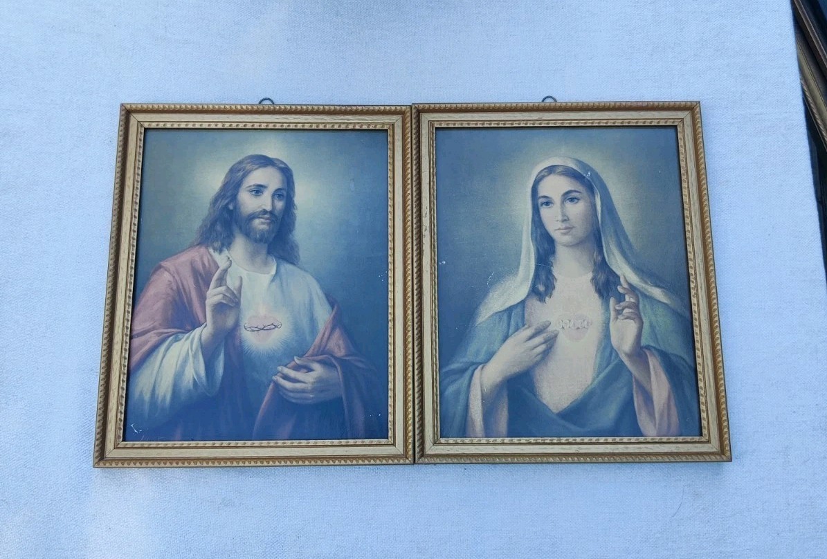 Jesus Sacred Heart Mary Immaculate Heart Framed Prints 2 Vintage Religious 11x9\