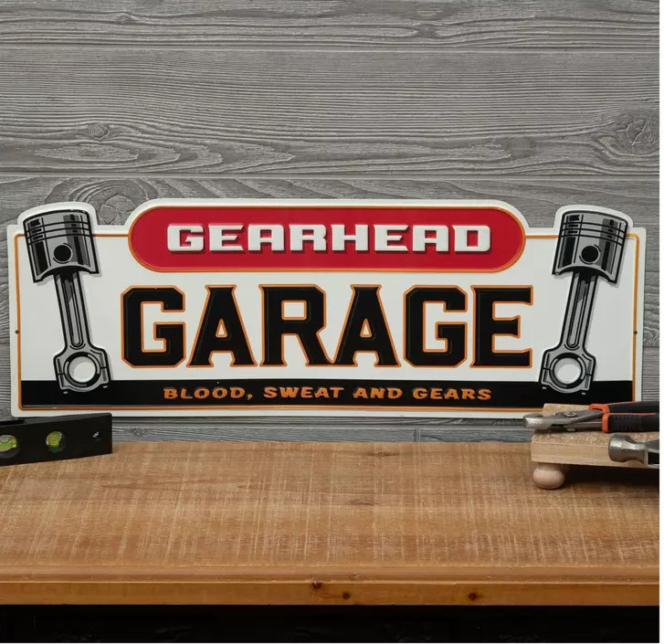 Gearhead Garage Metal Sign Blood Sweat and Gears 23x8 in Mancave Barn