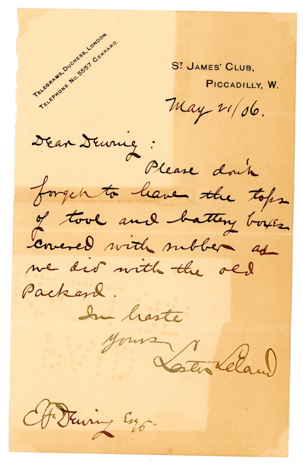 1906 Letter Signed Lester Leland St James\' Club Piccadilly London Tool Battery