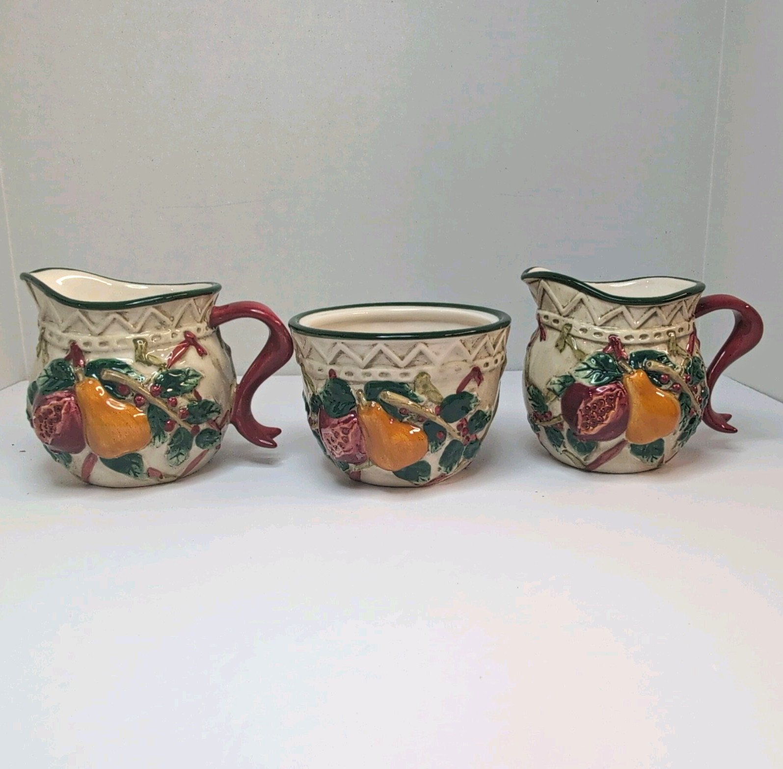 World Market Glossy Ceramic Fruit Relief Pitcher & Bowl 3pc Set 8 oz
