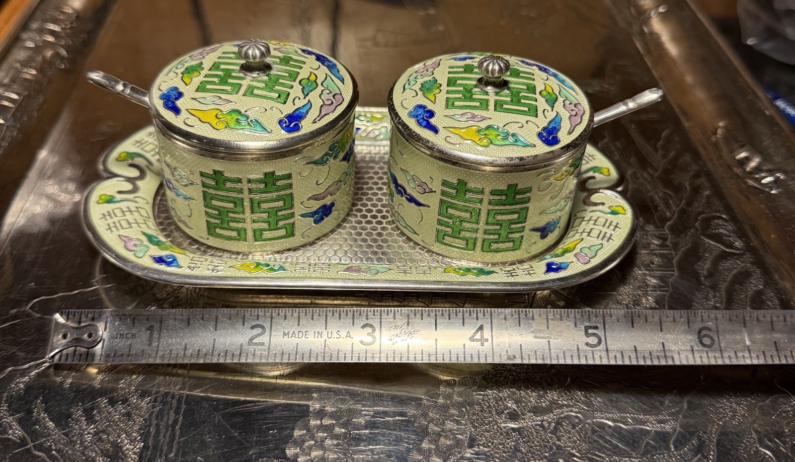 Korean Or China 99% Fine Silver and Enamel Condiment Bowls Spoons Tray Set