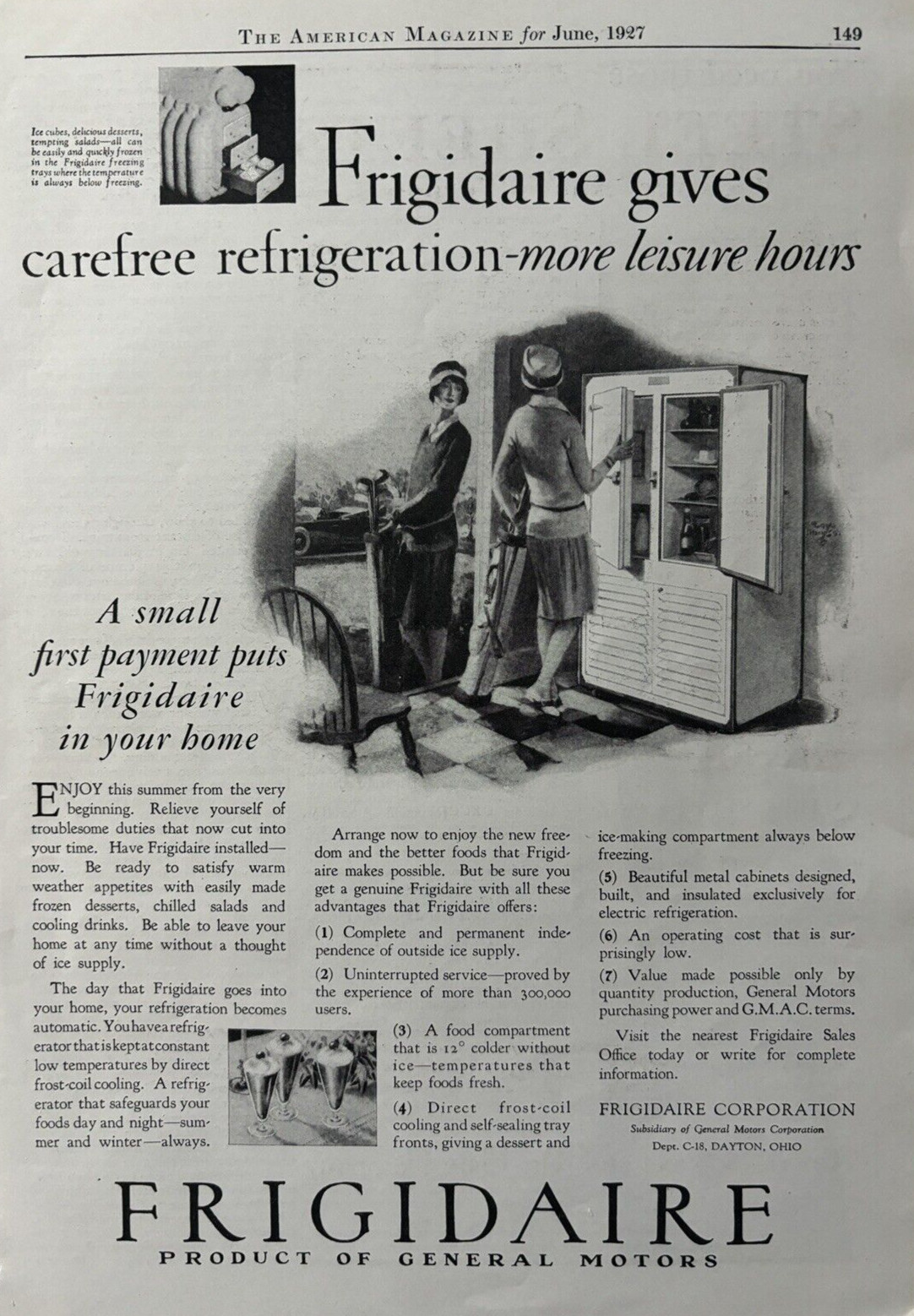 1927 Frigidaire Care Free Refrigerator General Motors Dayton Ohio VTG Print Ad