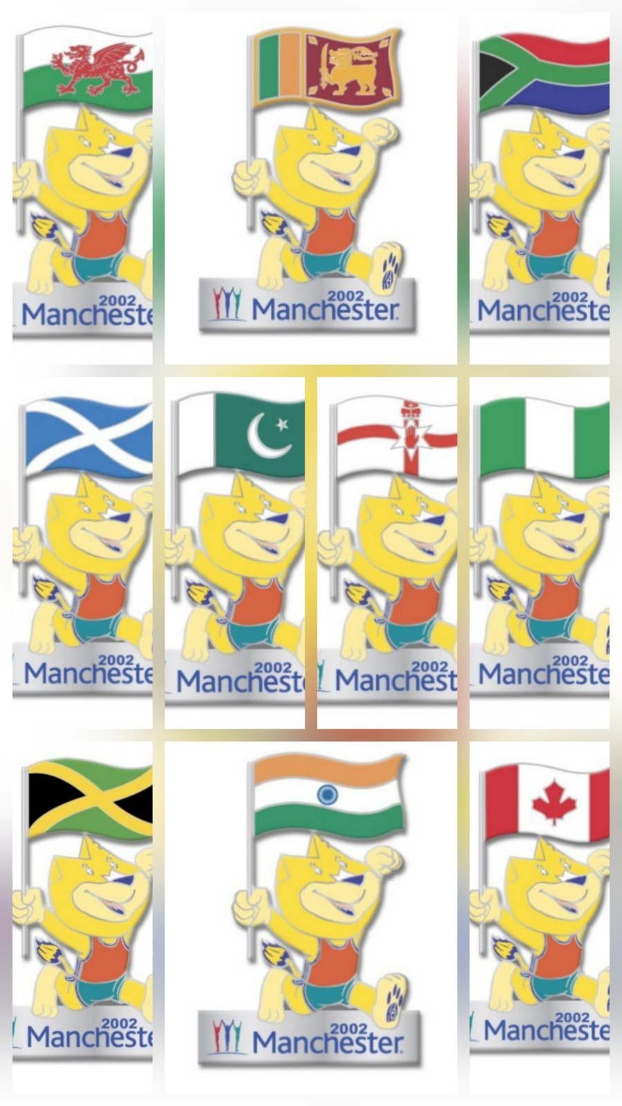 2002 Manchester Commonwealth Games Pin Badge - Set Of 10 Mascot Flags