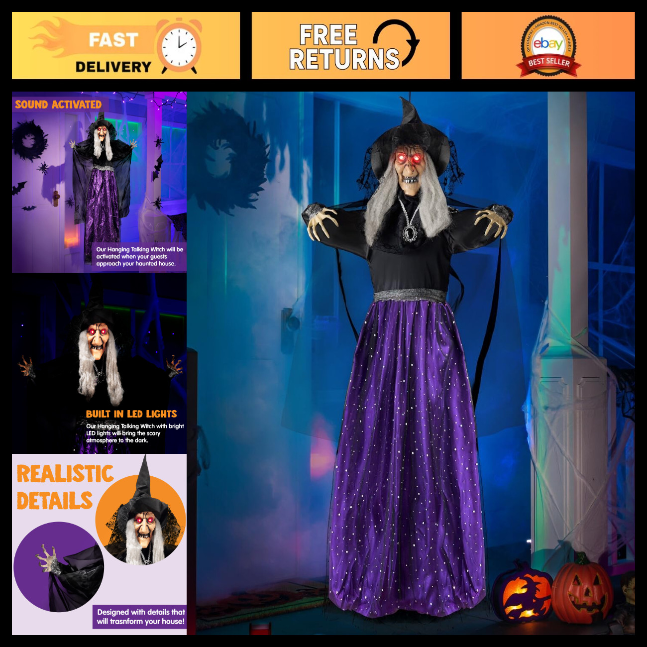 47” Animated Witch Halloween Decor - Scary Animatronics, Sound Activated, LED Ey