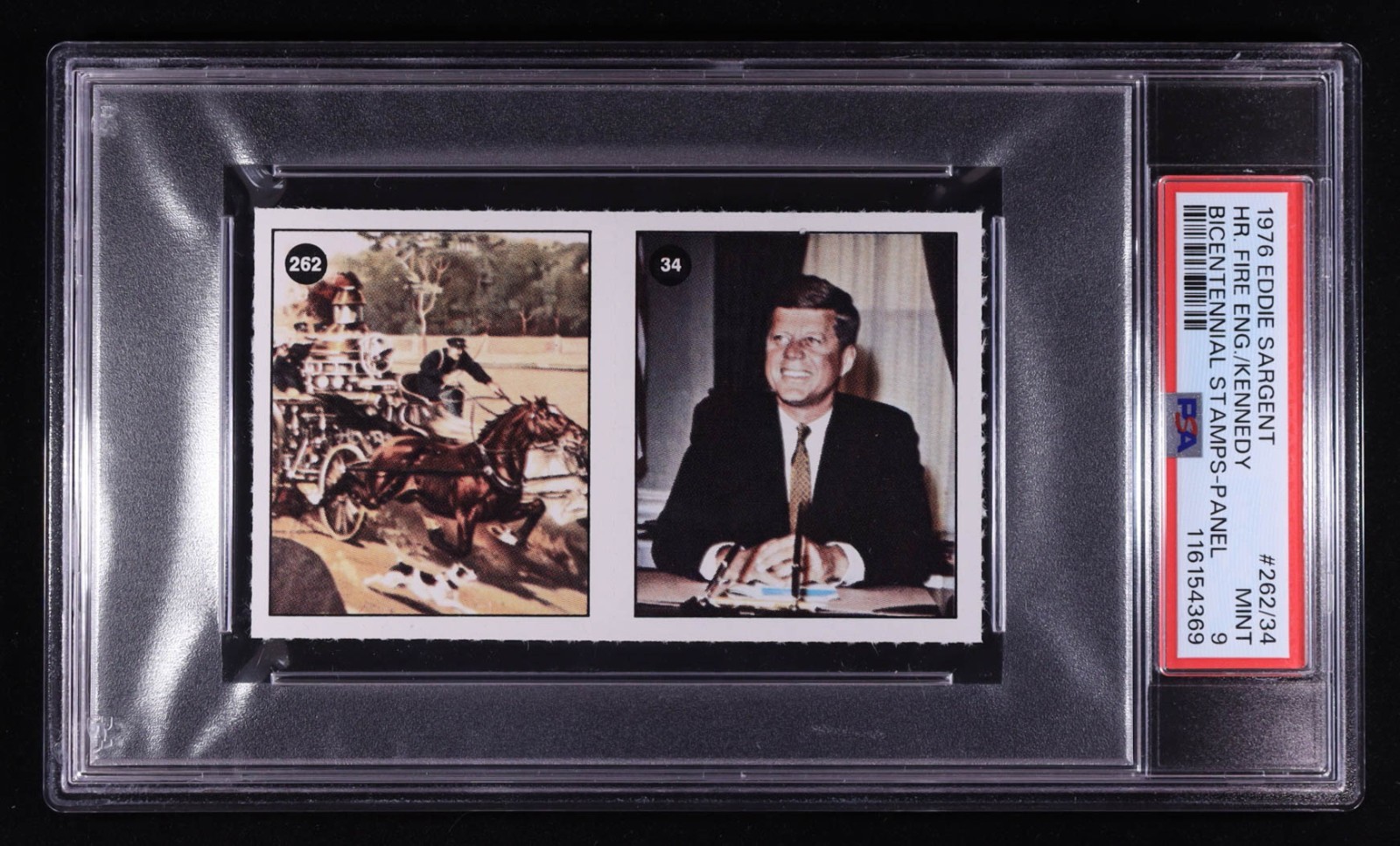 Fire Engine 262 & John F. Kennedy 34 1976 Eddie Sargent Bicentennial Stamp PSA 9