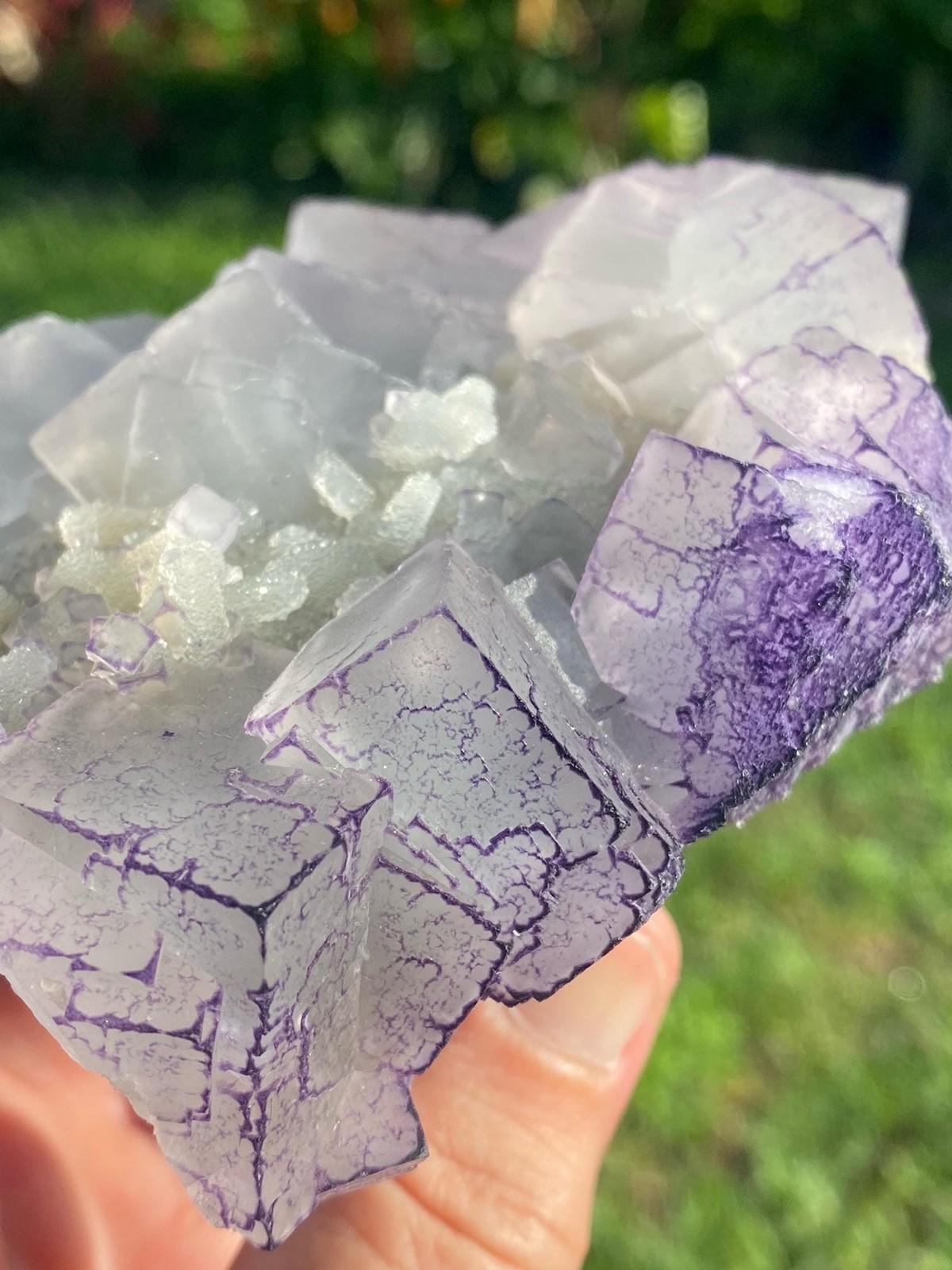 QR Code Cubic Fluorite Cluster with Calcite - Neon Purple UV Reactive