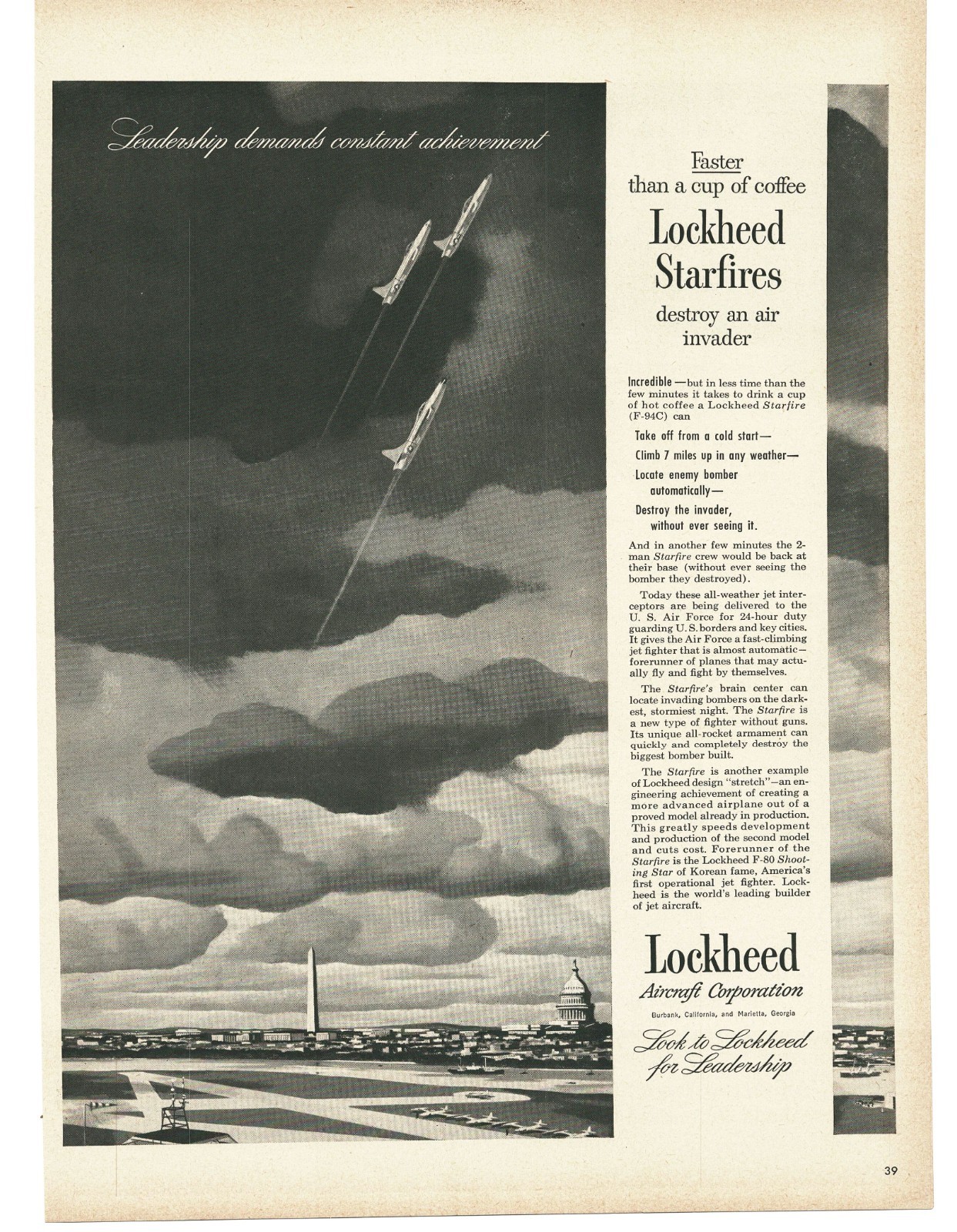 1952 Lockheed Starfire Jet Vintage Print Ad Washington DC Military Aviation