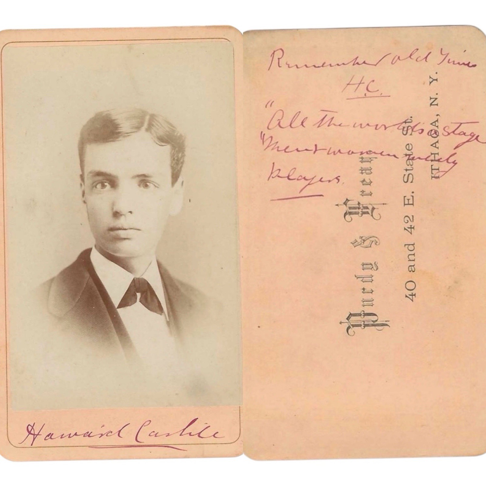 Antique CDV Identified Man Shakespeare All The Worlds A Stage Ithaca NY