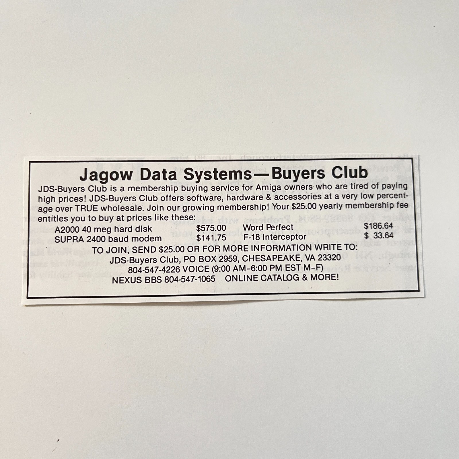 Jagow Data Systems- Buyers Club Membership Chesapeake VA 1988 Amiga Ad TAK5-M3