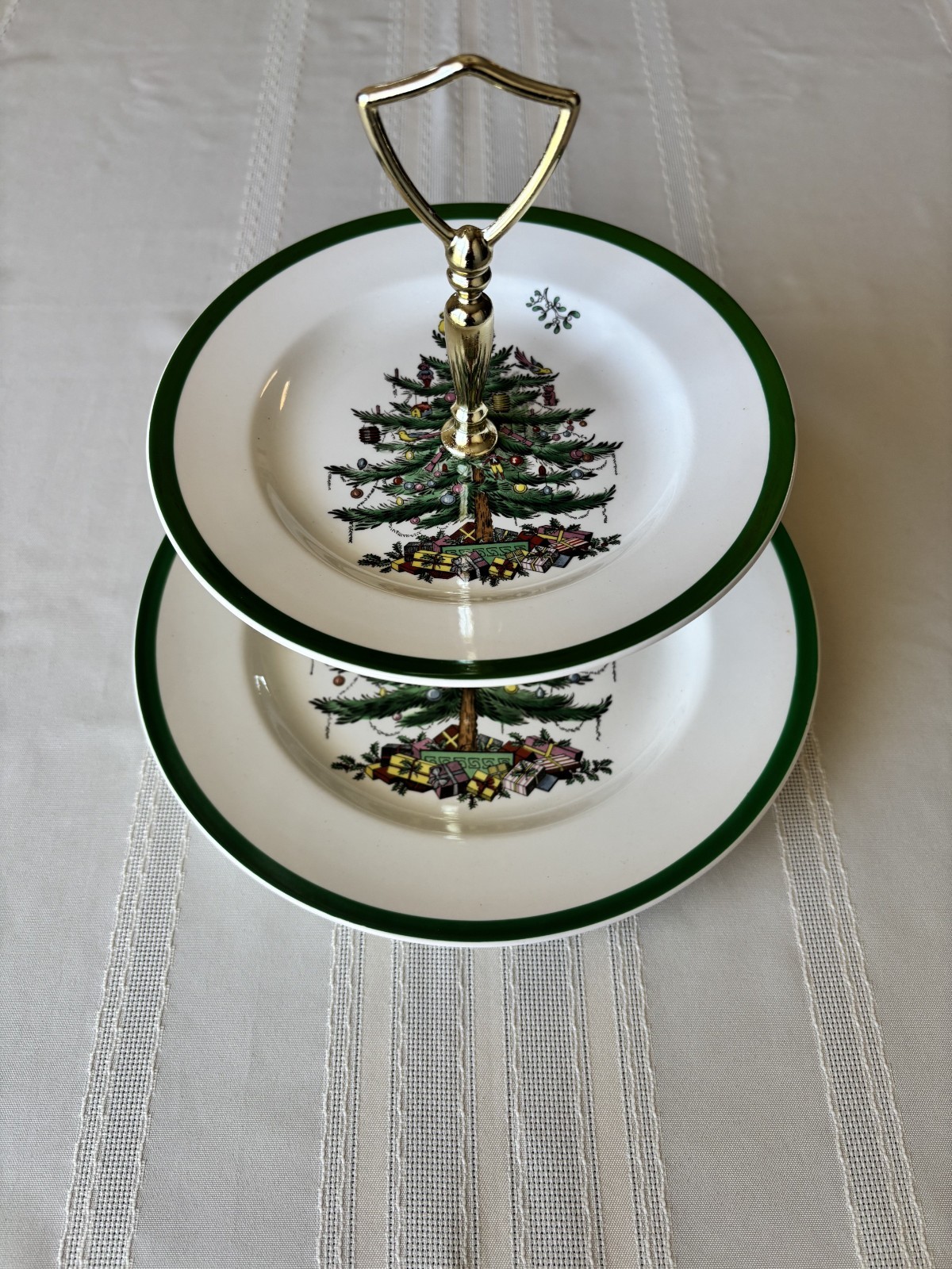 VNTG SPODE Christmas Tree 2-Tier Serving Tray S3324-U Made in England Gold Hndle