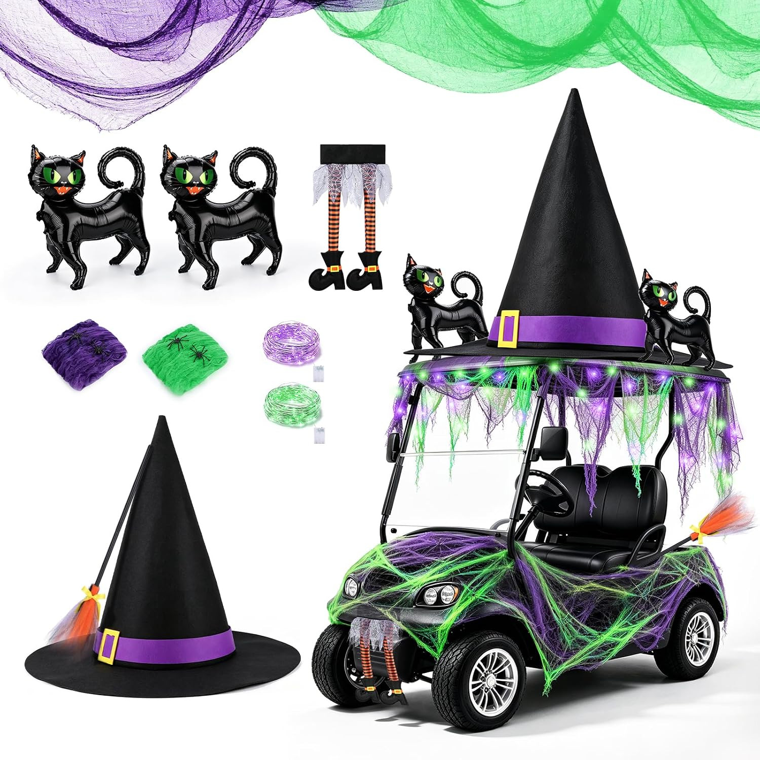 Halloween Golf Cart Decorations Kit, Witch Theme Halloween Car Decor | Purple an