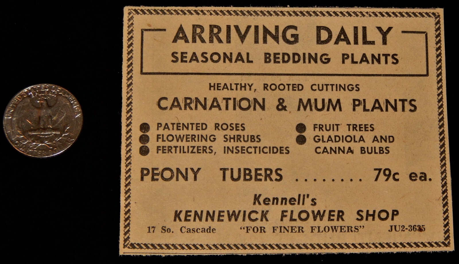 Vintage Newspaper Ad,KENNEWICK,WA,1958,Kennell\'s Flower Shop,\
