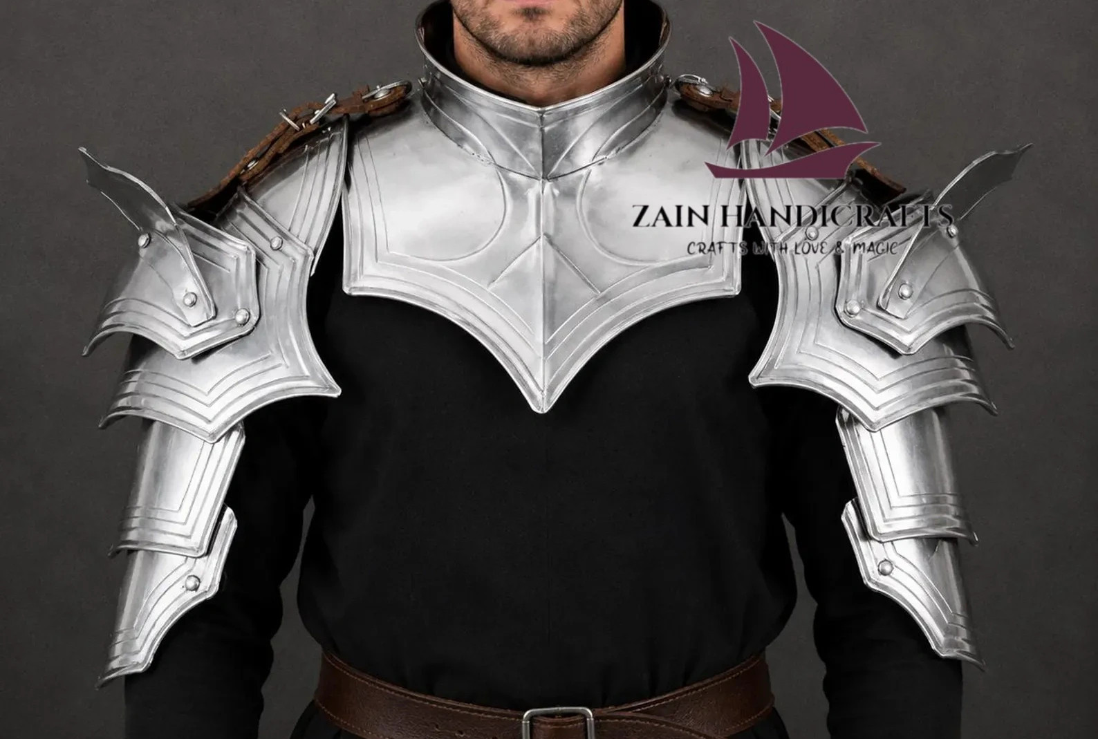 ZAIN Medieval Steel Knight Shoulder Armor with Gorget Gothic Pauldron Halloween