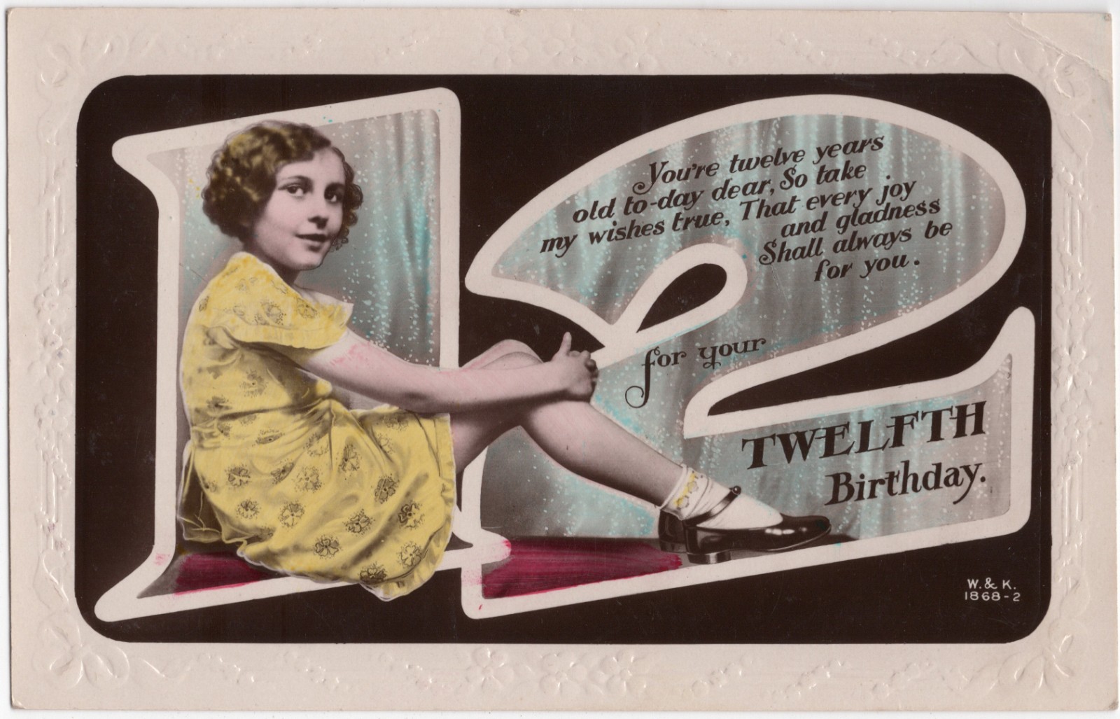 Antique Postcard 12th Birthday Girl Hand Coloured RPPC Great Britain