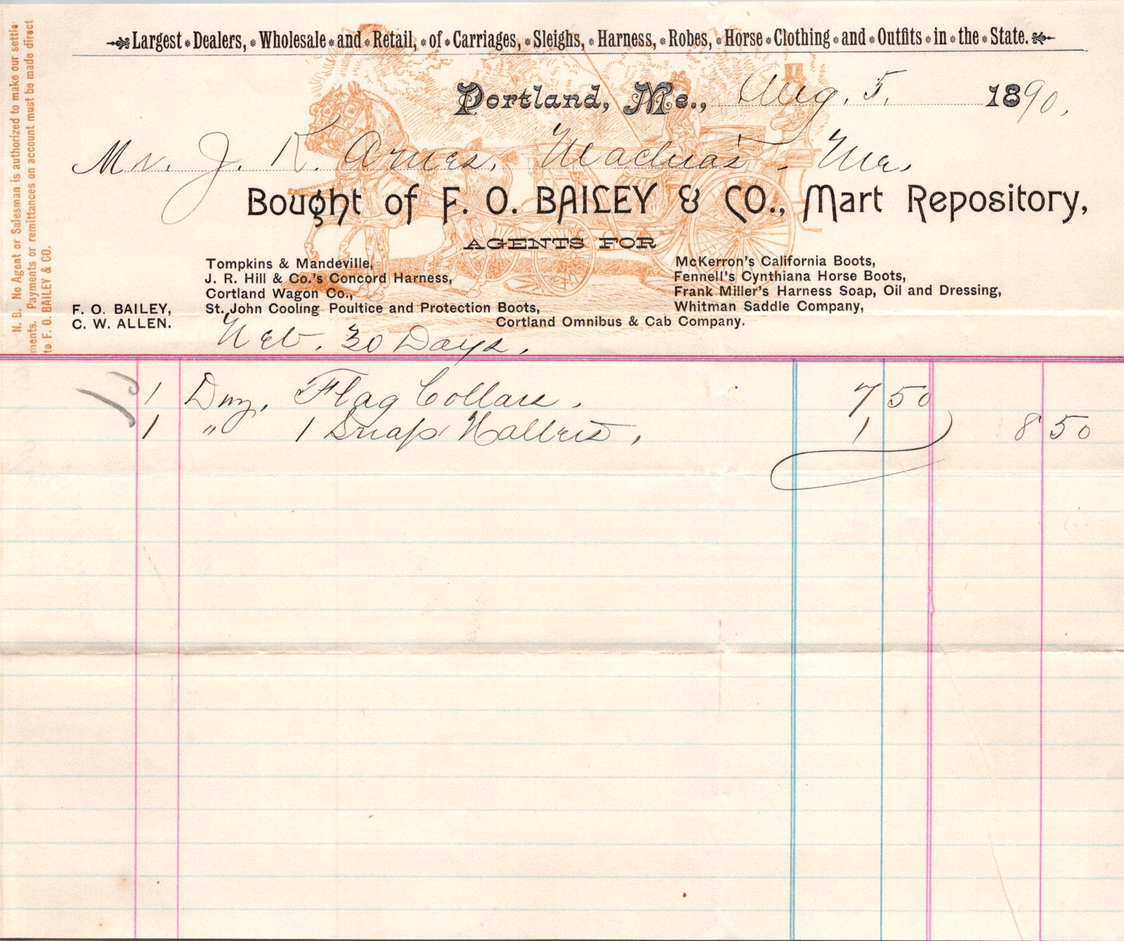 FO Bailey & Co 1890 FO Bailey Portland ME Antique Letterhead Billhead TC29