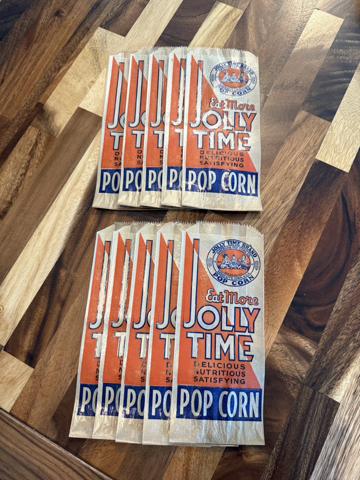 Jolly Time  Popcorn 1930's illustrated mint unused wax bags-Set Of 10