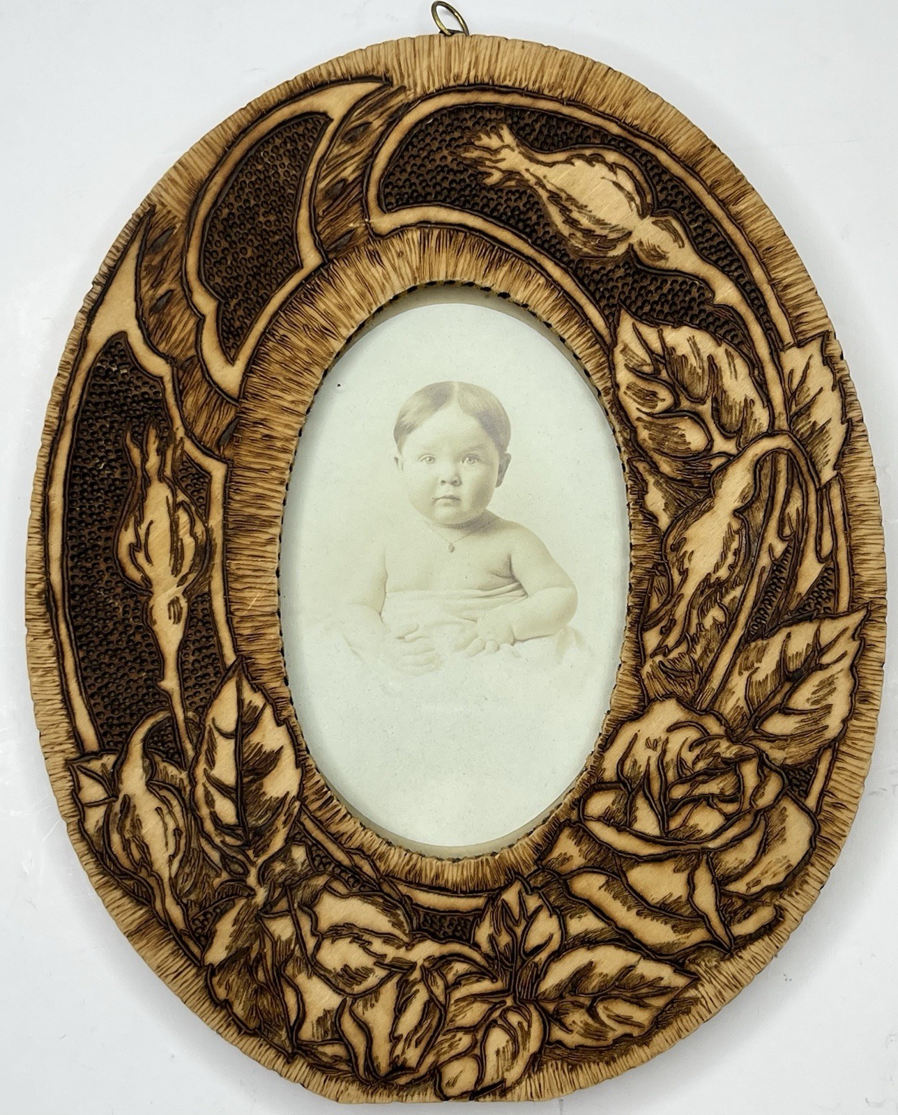 Rare Antique Flemish Art Co. Pyrography Art Roses Handmade 9.5” Picture Frame