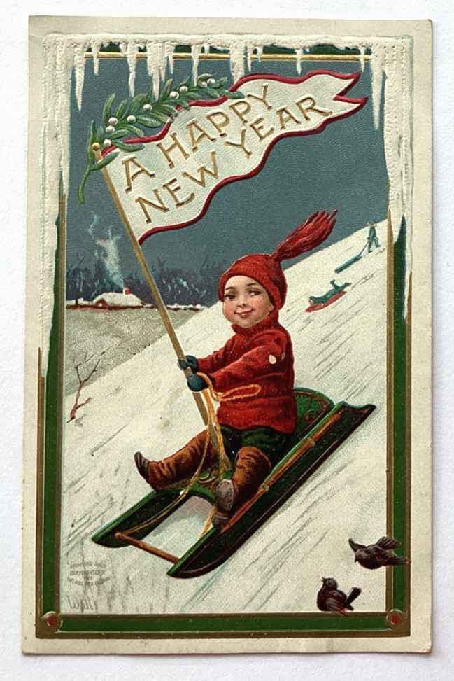 VTG 1910 New Year Postcard BOY SLEIGHING DOWN HILL Embossed Germany Artist: Wall