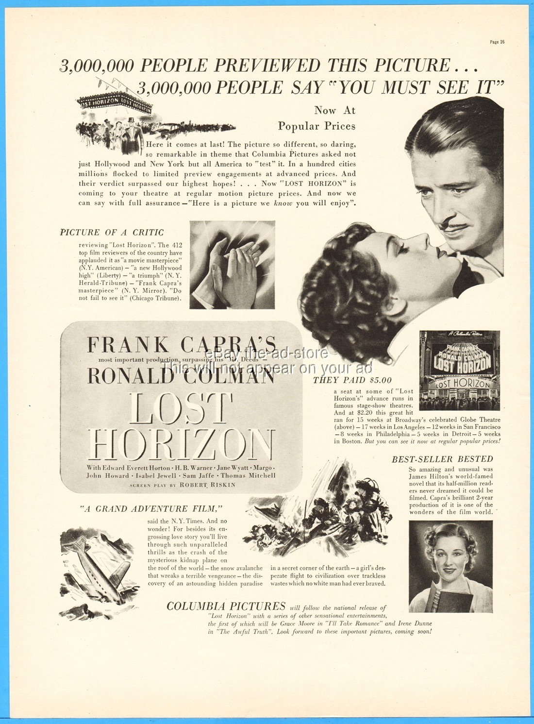 1937 Lost Horizon Ronald Colman Jane Wyatt Edward Everett Horton Movie Promo Ad