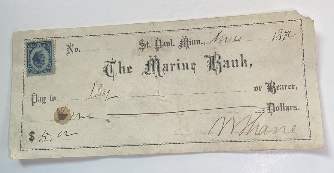 Antique 1876 Bank Draft, Check, The Marine Bank of St Paul Minnesota MN