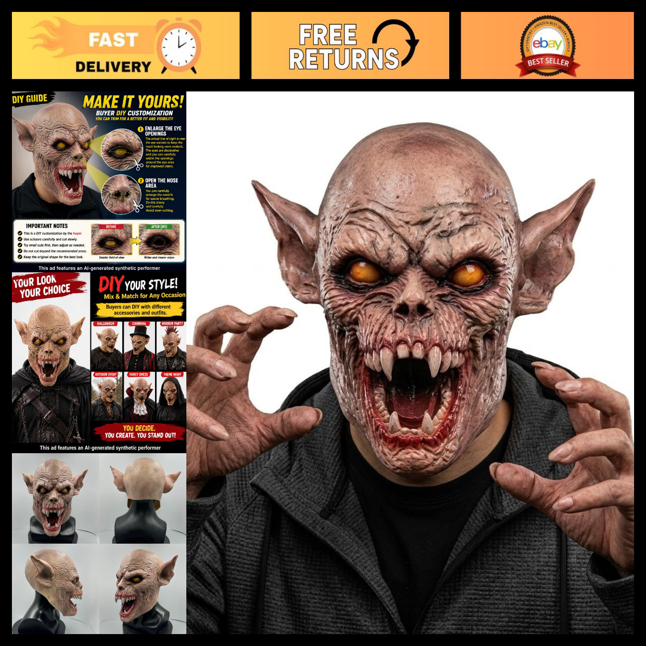 Realistic Scary Vampire Mask - Mutant Ghoul Face Cover for Halloween Costume Pro