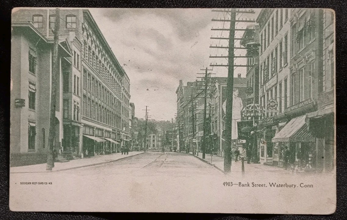 Vintage 1900s Bank Street Waterbury, Connecticut Postcard Downtown