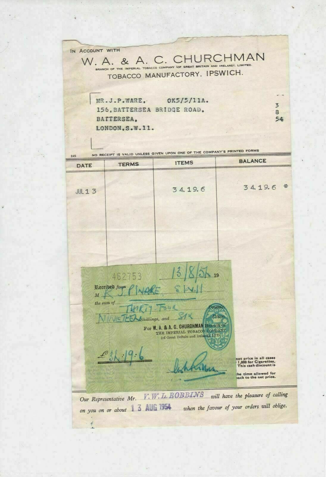 W.A. & A.C. Churchman 1954 Tobacco Manufactory Ipswich Stamp Receipt Ref 32717
