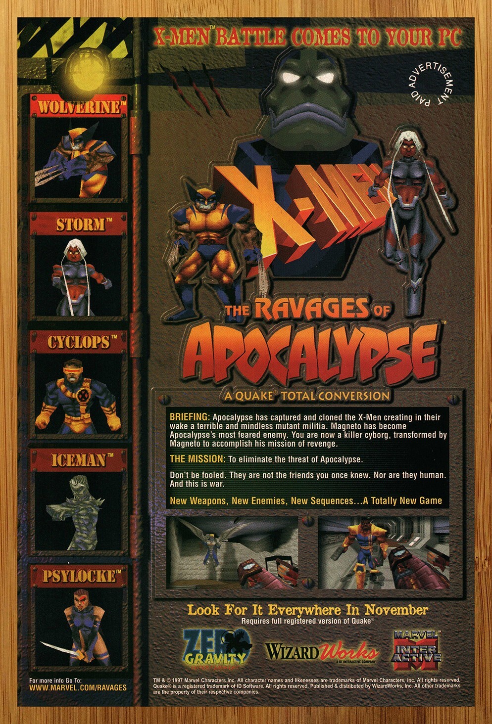 1997 X-Men: The Ravages of Apocalypse For Quake Print Ad/Poster Video Game Art