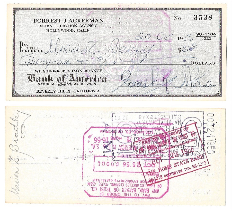 Forrest J. Ackerman + Marion Zimmer Bradley Double Signed Check Autograph Sci-Fi