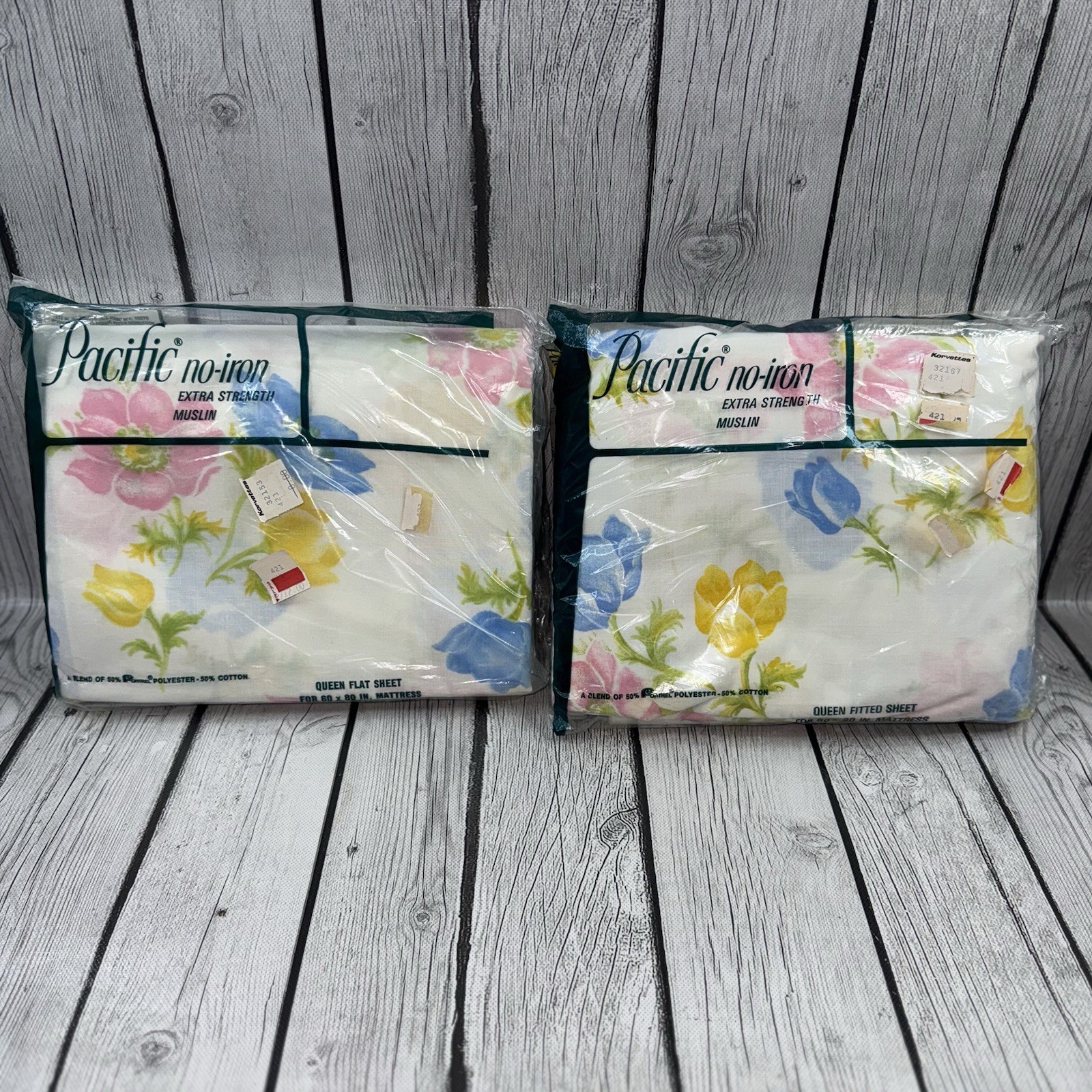 Lot Vintage 1960s Pacific Queen Flat & Fitted Sheet Set Floral Muslin NIP