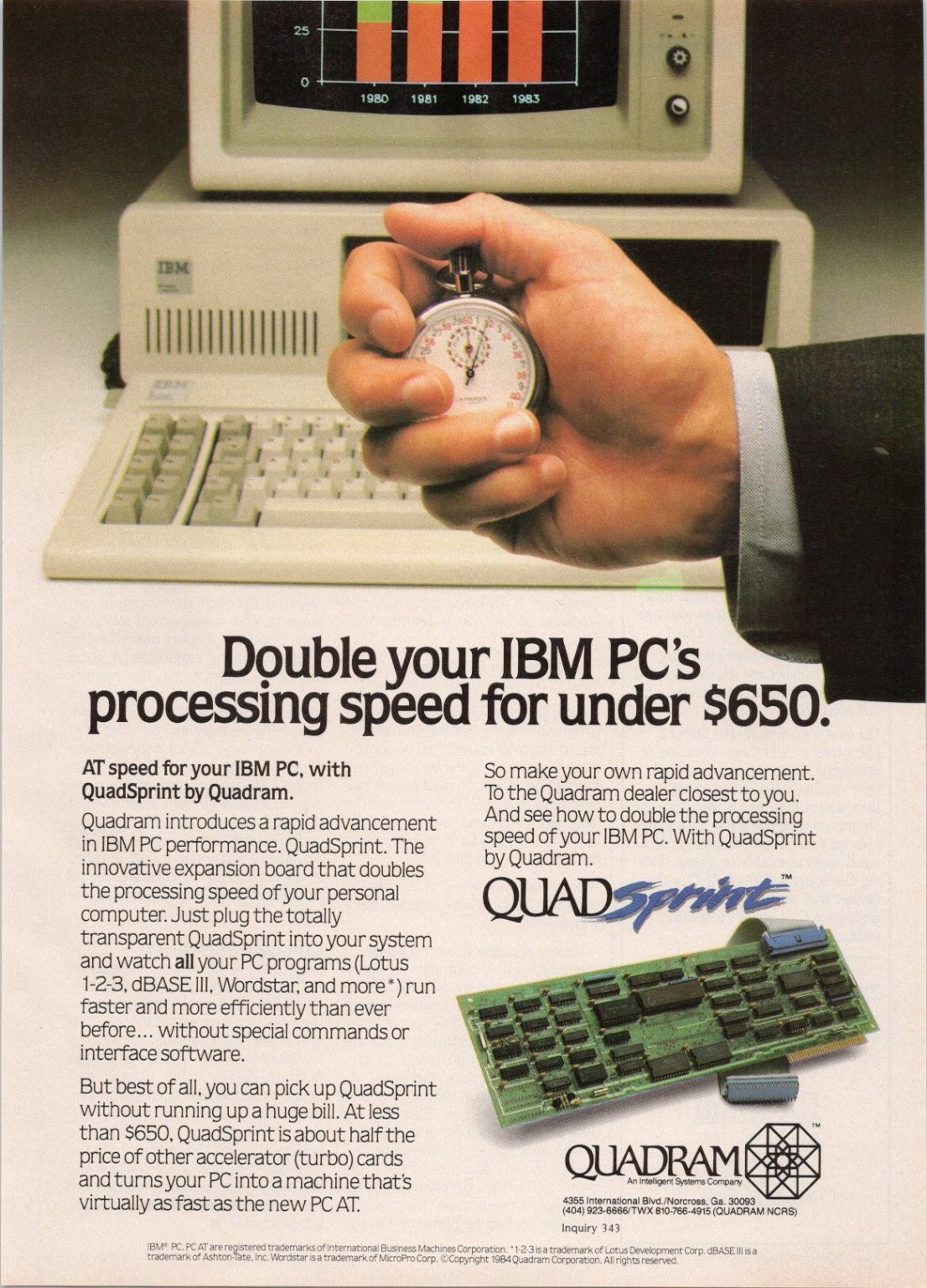 Quadram QuadSprint IBM PC Accelerator Board Vintage 1985 Print Ad