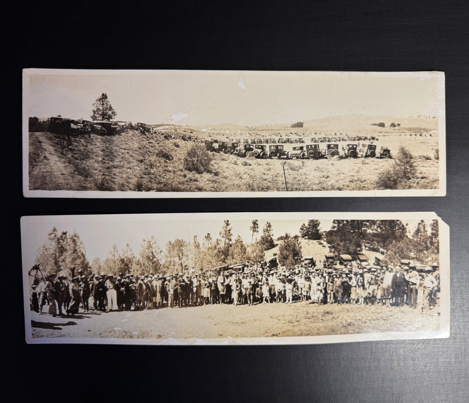 2 Antique 1920s Panoramic Photos Huge Gathering of Automobiles Cars People 12