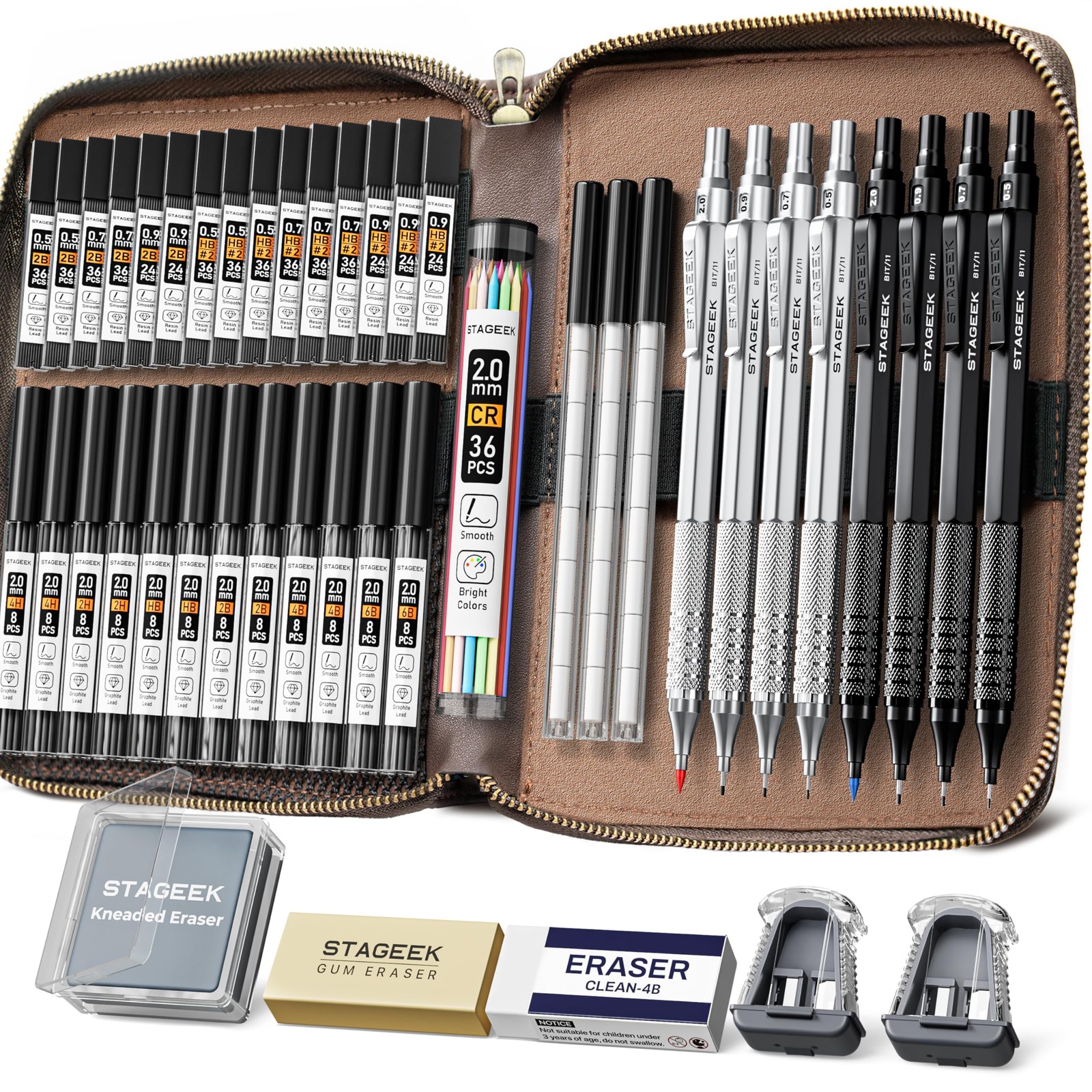 STAGEEK 45PCS Black & Silver Metal Mechanical Pencil Set in & 