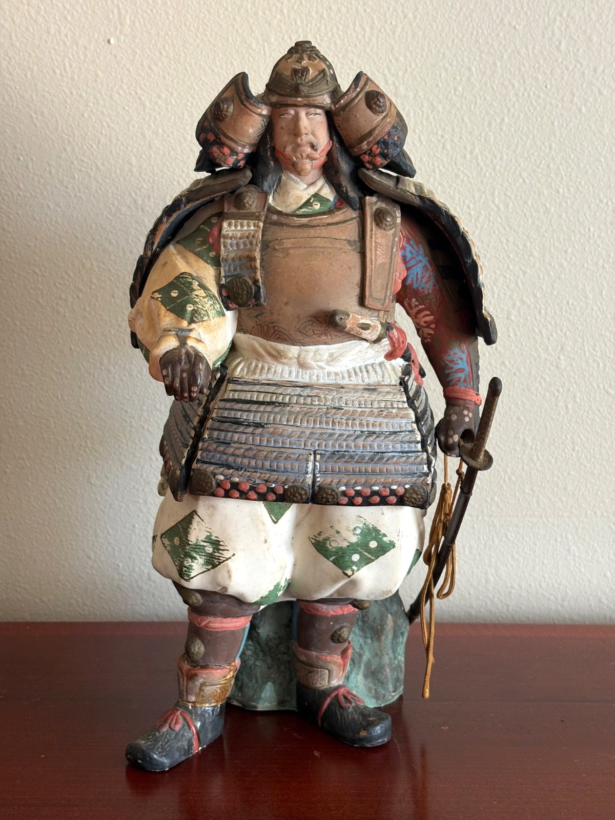 1950s Japanese Samurai Warrior Figurine Hakata Style Clay Plaster Japan Vintage