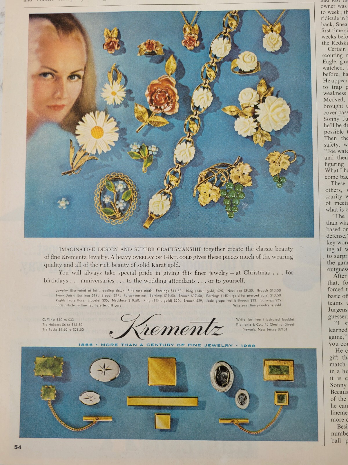 1968 Krementz Necklace Earrings grapes brooch tie holder cuff links vintage ad