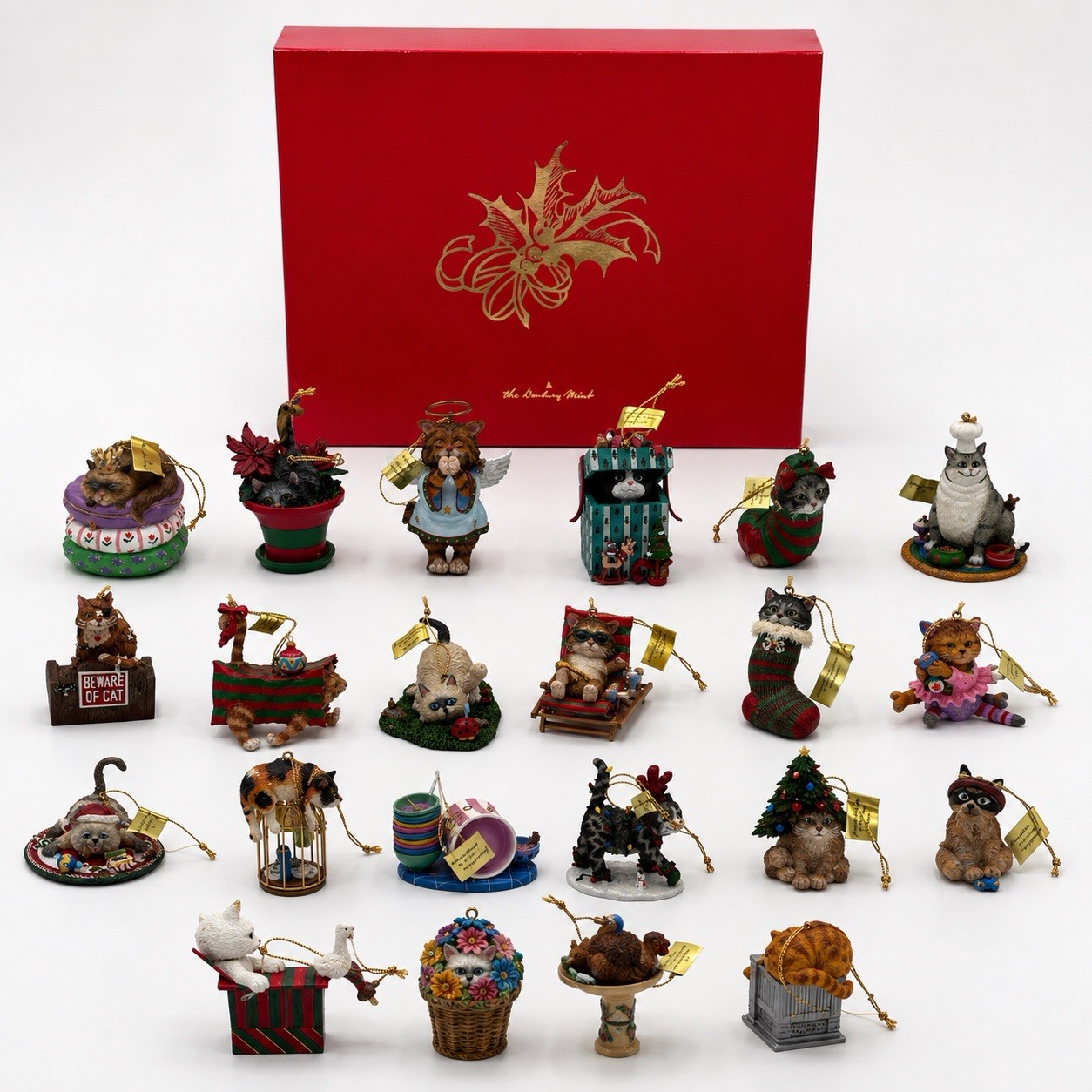 The Danbury Mint Comical Cats Christmas Ornaments Gary Patterson 24 Pc Box PICS