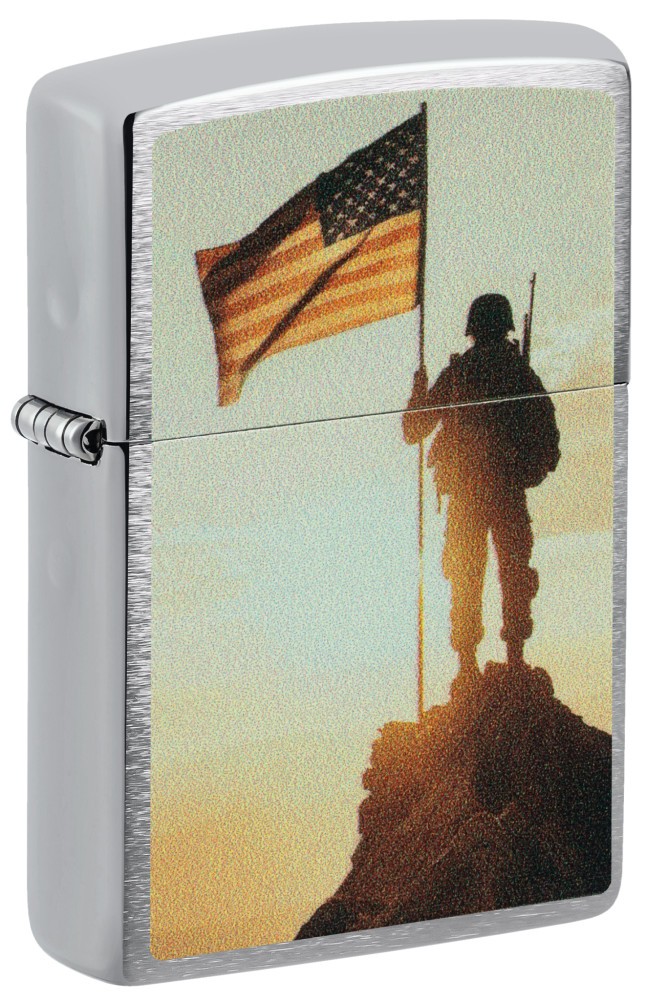 Zippo Soldier and Flag Design Brushed Chrome Windproof Pocket Lighter, 46828