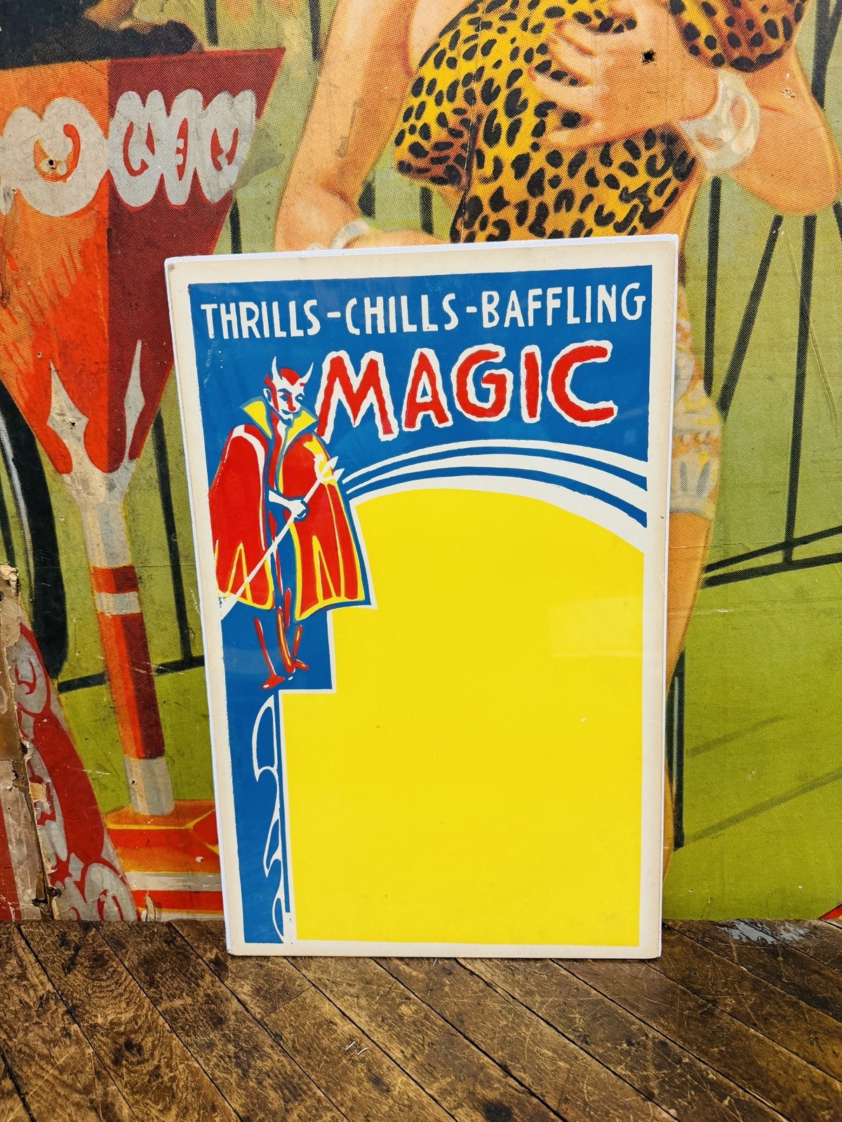 VINTAGE C. 1930 THRILLS CHILLS BAFFLING MAGIC POSTER SIGN DEVIL SATAN CARNIVAL