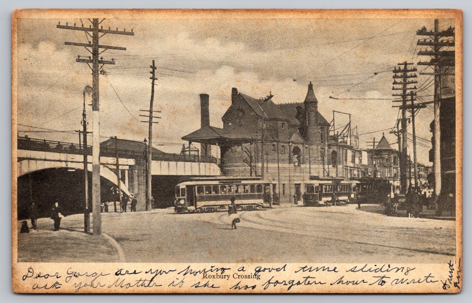 Vintage 1907 RPPC Undivided Back Roxbury Crossing Boston Streetcar Scene