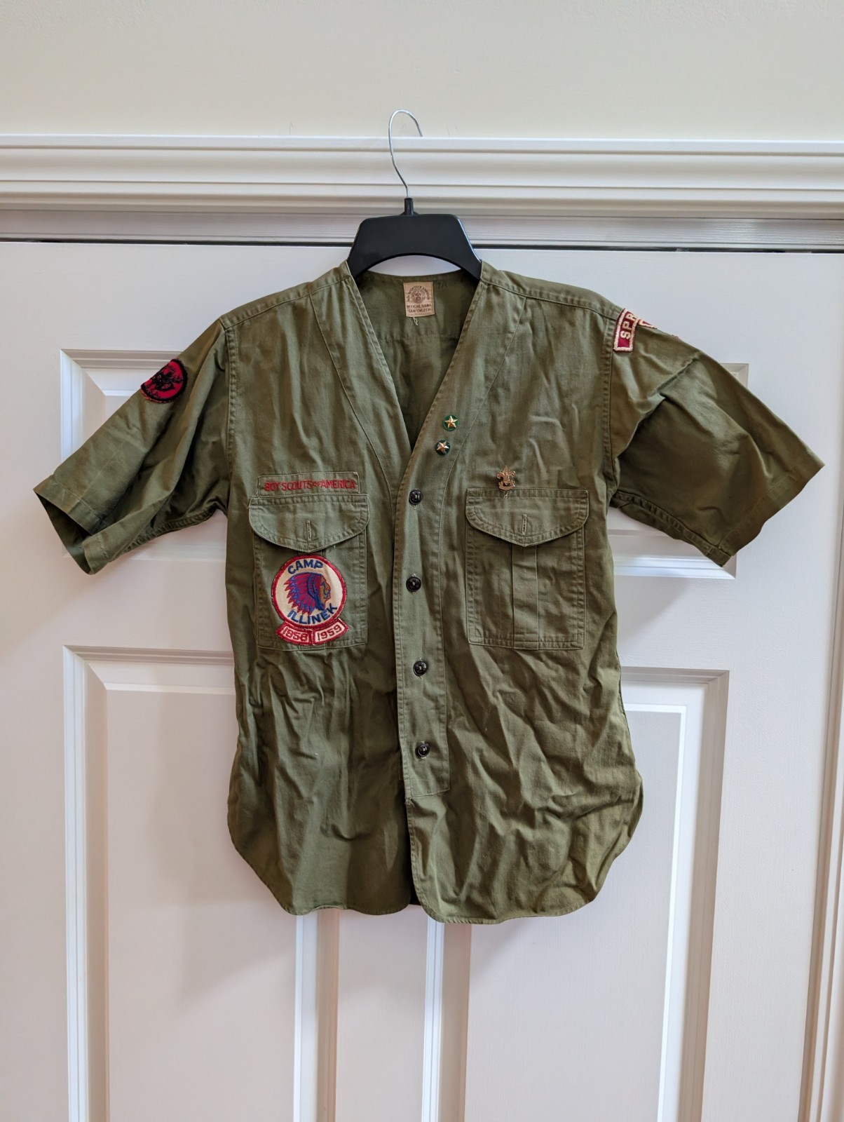1958 1959 BOY SCOUT  SHIRT w PATCHES Indian Head Camp ILLINEK BSA Springfield IL