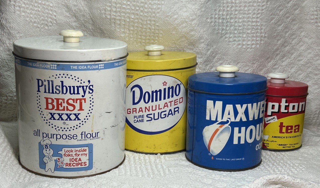 Vintage J L Clark Tin Canister Set Pillsbury Domino Maxwell House Lipton Tea