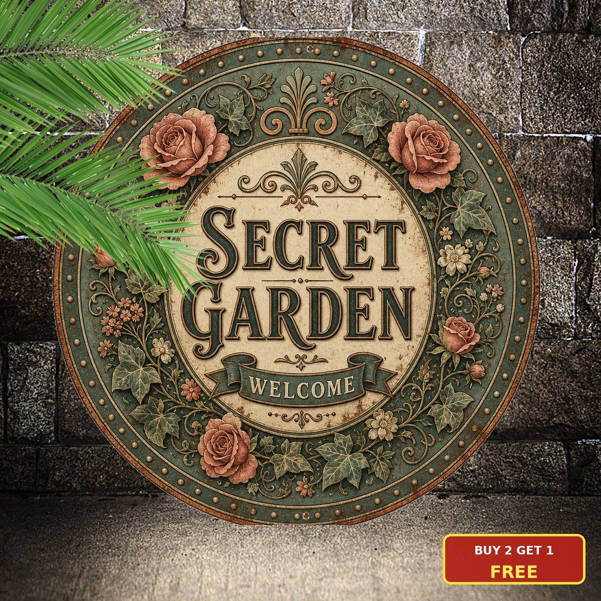 Secret Garden Botanical Flowers Round Tin Sign 8x8 Backyard Porch Wall Decor