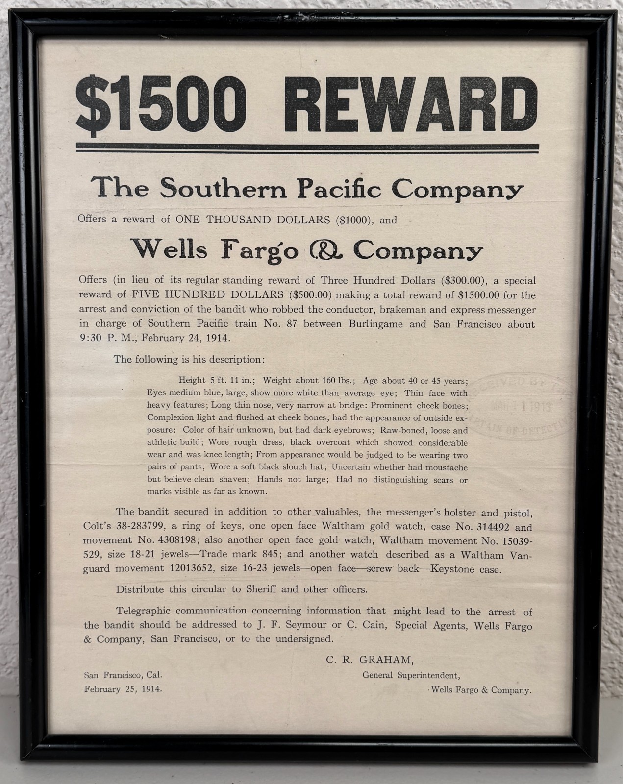 Antique Wells Fargo & Co Reward Wanted Poster Criminal Robber Western Outlaw #10