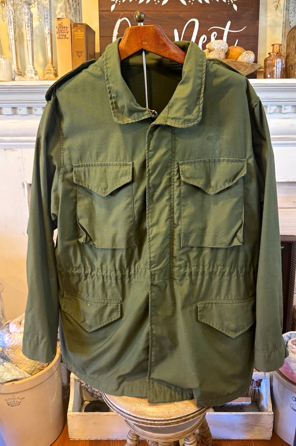 Olive Drab Military Field Coat Jacket Zip Front Pockets Stock No. 5155 USA