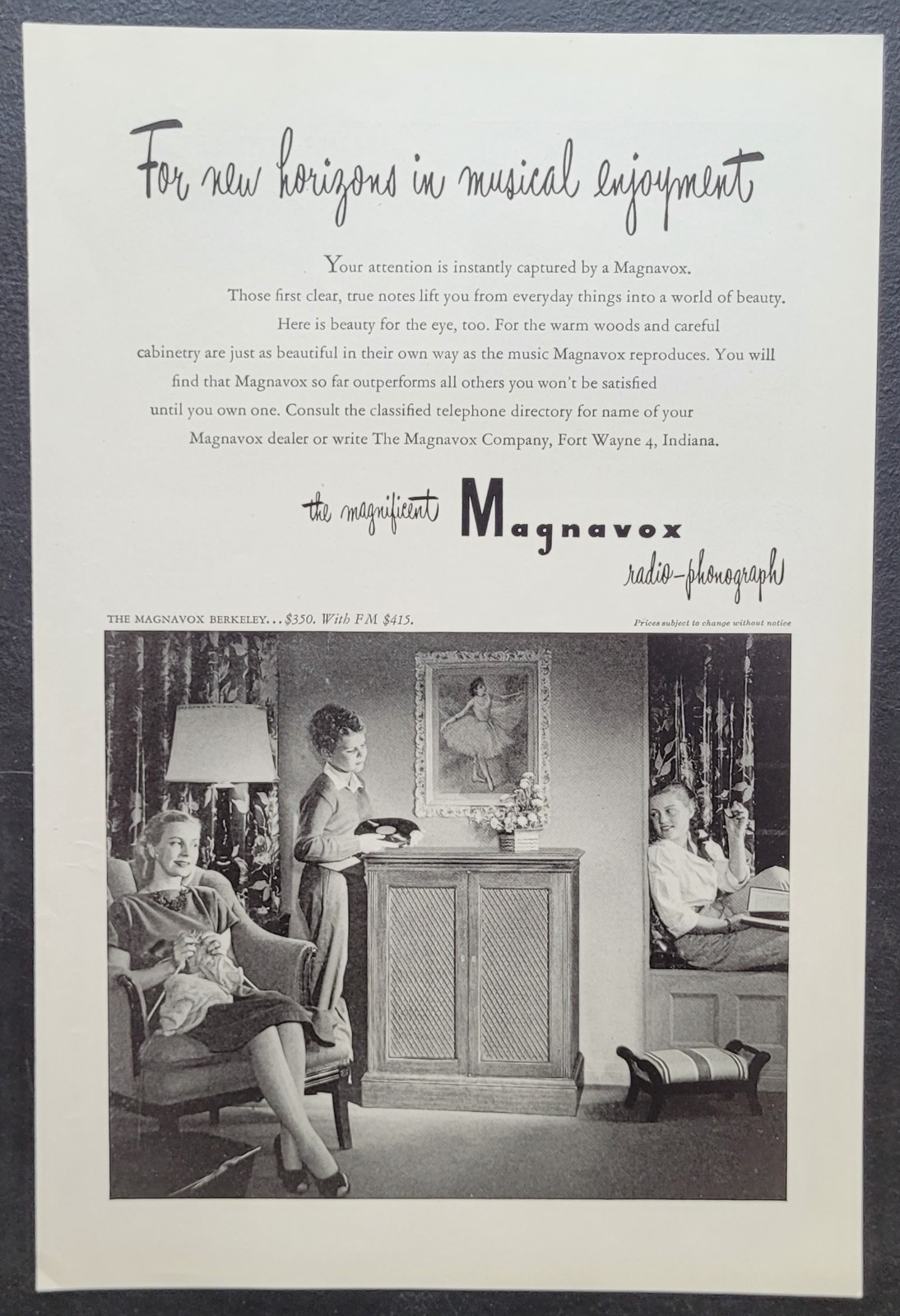 1948 Magnavox Radio Phonograph Musical Enjoyment Vintage Print Ad a189