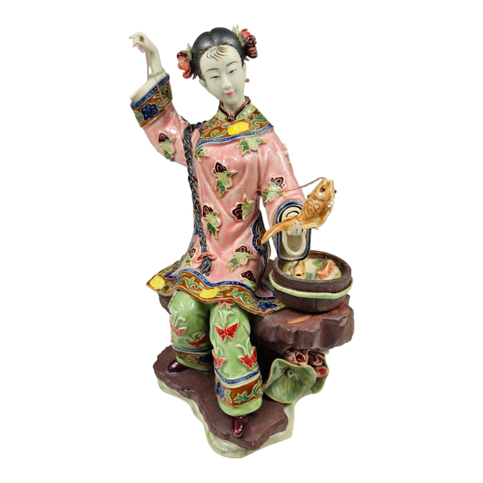 VTG Chinese Wucai Porcelain Pottery Shiwan Lady Woman Fishing Figurine 9\