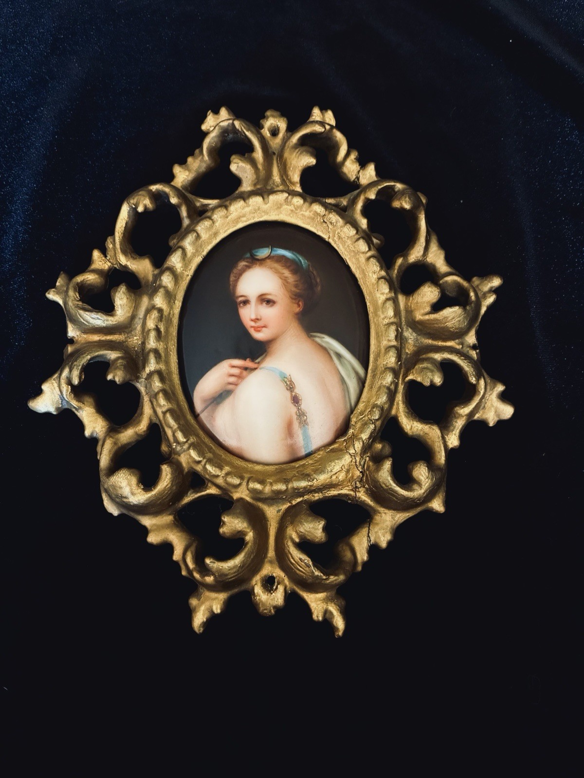 Antique 1860's Hand Painted Miniature Portrait DIANE DE POITIERS Porcelain Gilt