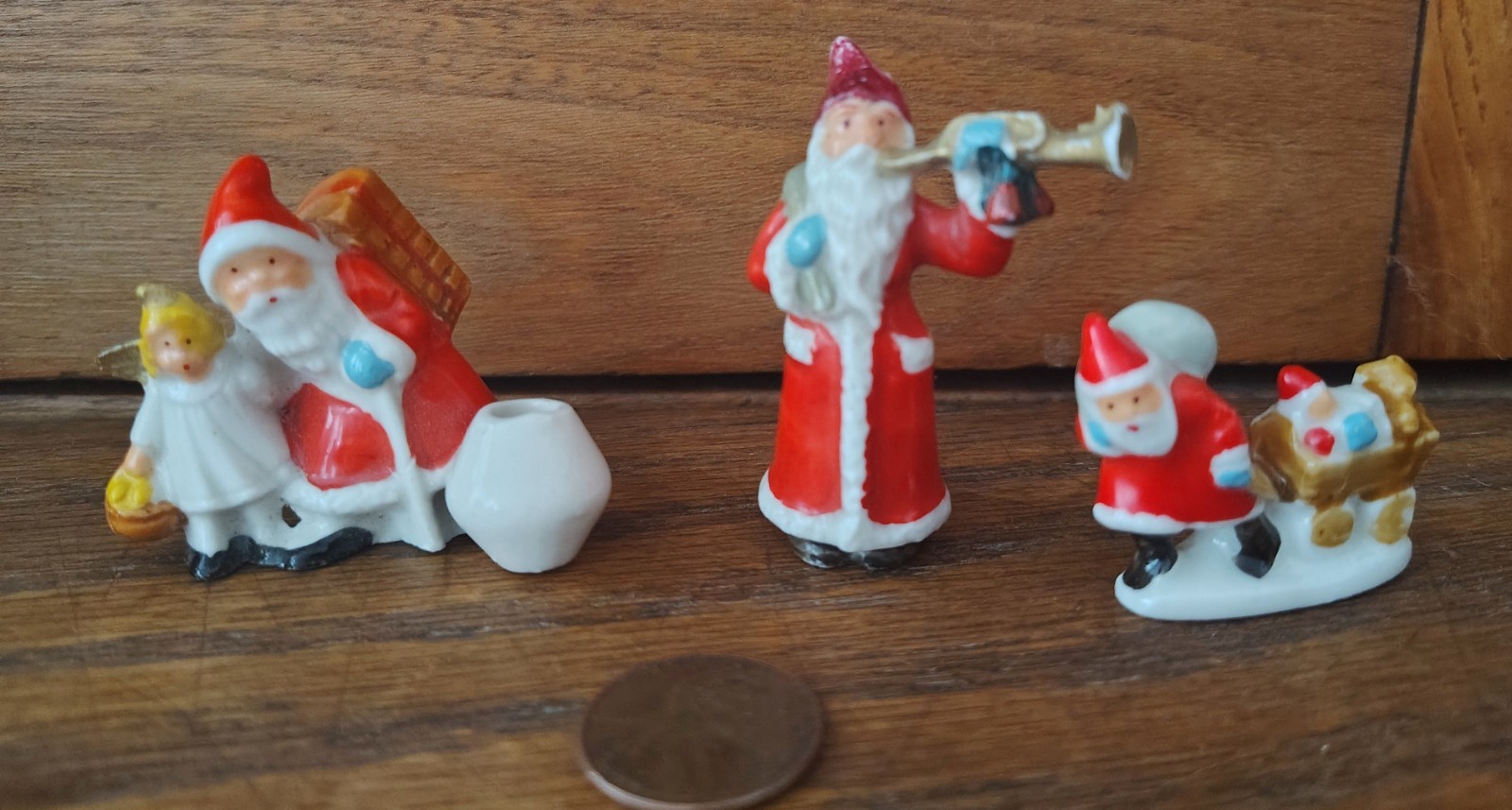 Antique German Bisque Miniature Putz Hertwig Santas Set Of Three