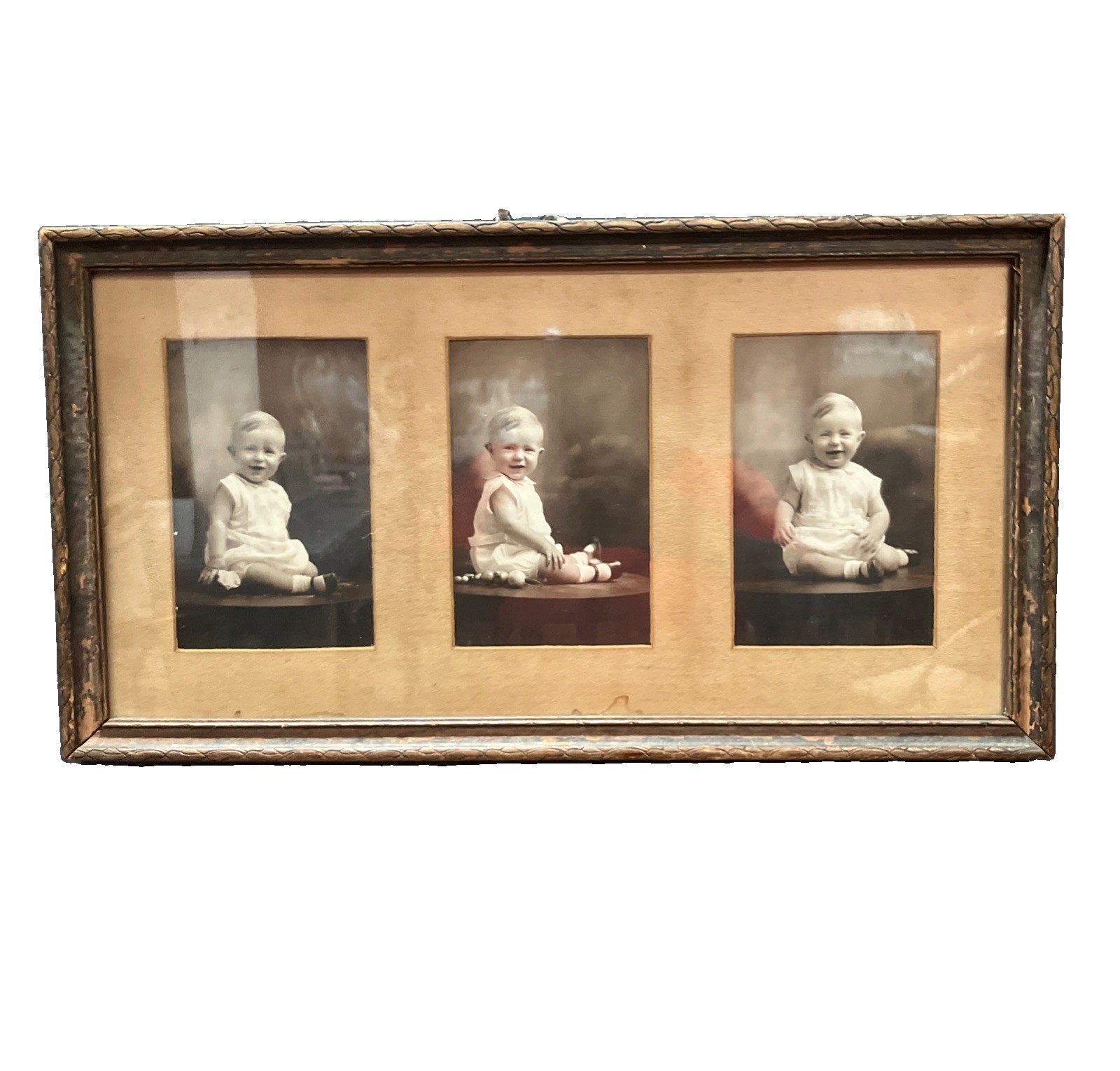 Antique Triple Pane Wooden Picture Frame W/ 3 Vintage Baby Child Photos 1930s